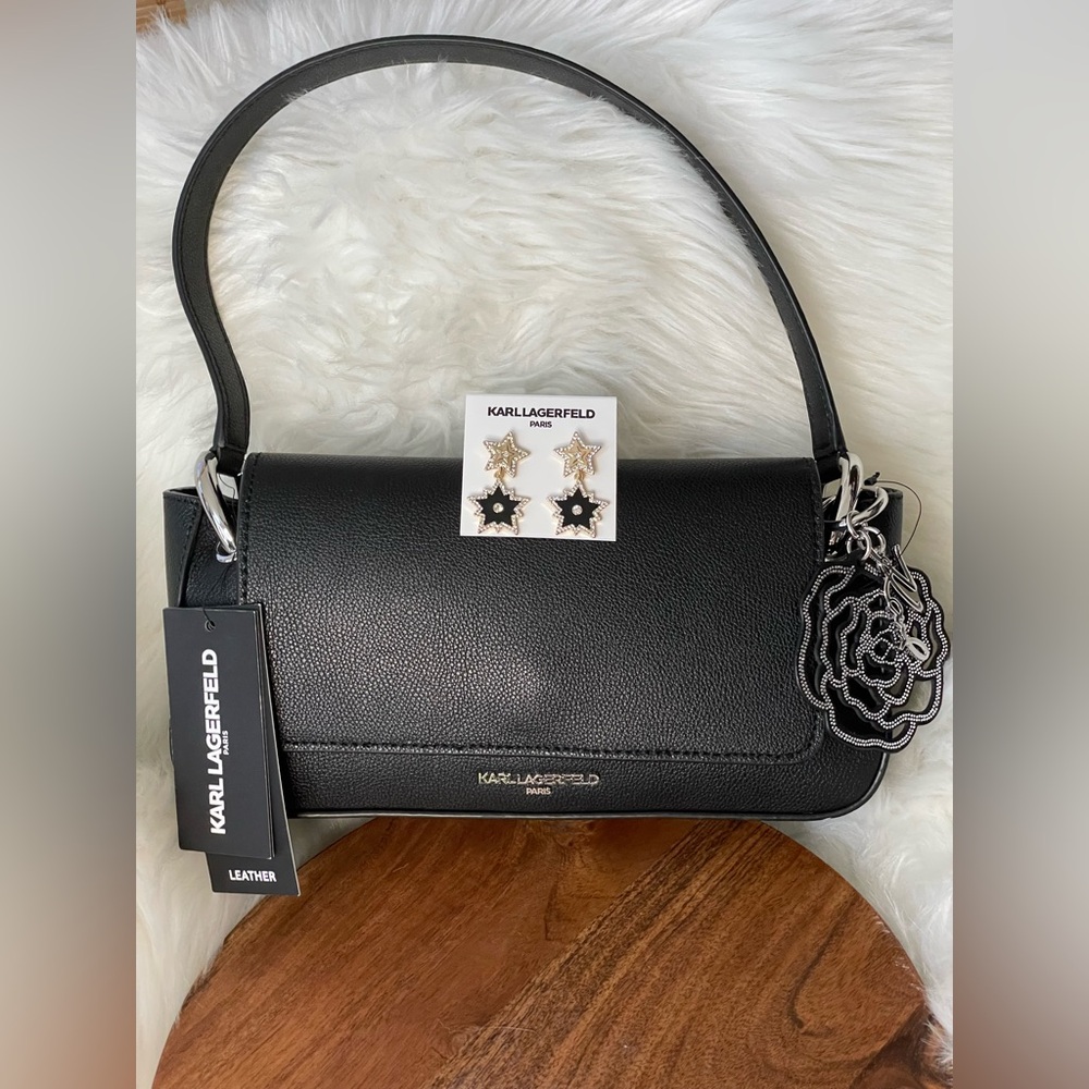 KARL LAGERFELD 2 Piece Bundle: Black Leather Shoulder Bag & Linear Star Earrings